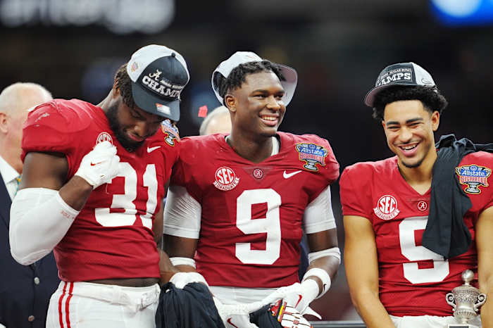 Alabama Crimson Tide linebacker Will Anderson Jr. (31) defensive back Jordan Battle (9) and quarterback Bryce Young (9) celebrate the victory against the Kansas State Wildcats in the 2022 Sugar Bowl at Caesars Superdome.